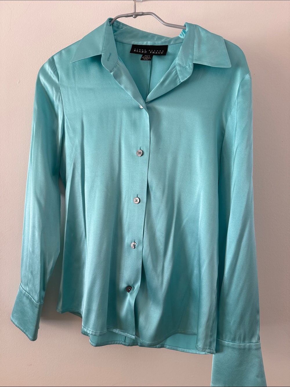 Ellen Tracy Aqua Satin Button-Down Blouse